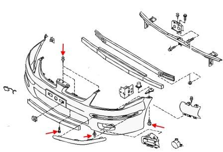 the scheme of fastening of the front bumper of the Nissan Almera Tino